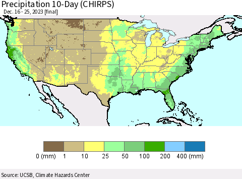 United States Precipitation 10-Day (CHIRPS) Thematic Map For 12/16/2023 - 12/25/2023