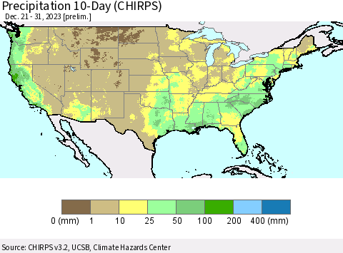 United States Precipitation 10-Day (CHIRPS) Thematic Map For 12/21/2023 - 12/31/2023