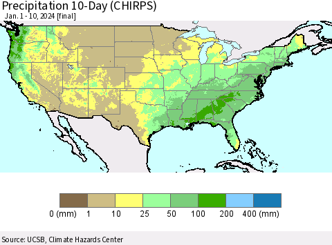 United States Precipitation 10-Day (CHIRPS) Thematic Map For 1/1/2024 - 1/10/2024