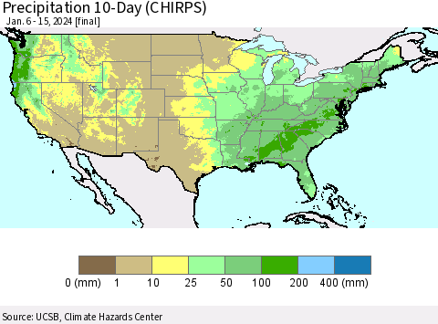 United States Precipitation 10-Day (CHIRPS) Thematic Map For 1/6/2024 - 1/15/2024