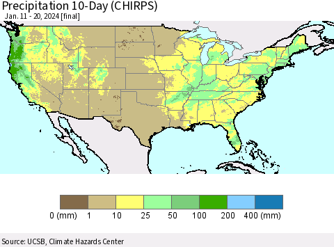 United States Precipitation 10-Day (CHIRPS) Thematic Map For 1/11/2024 - 1/20/2024