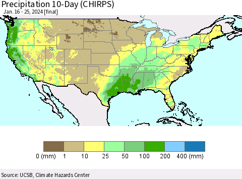 United States Precipitation 10-Day (CHIRPS) Thematic Map For 1/16/2024 - 1/25/2024