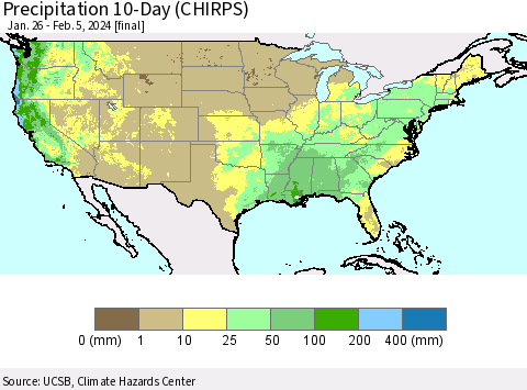 United States Precipitation 10-Day (CHIRPS) Thematic Map For 1/26/2024 - 2/5/2024