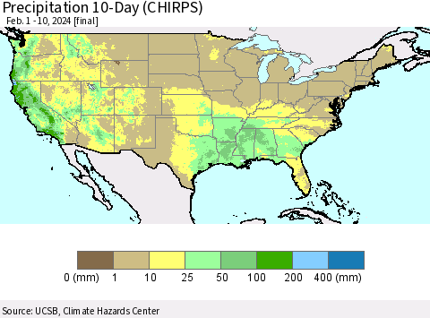 United States Precipitation 10-Day (CHIRPS) Thematic Map For 2/1/2024 - 2/10/2024