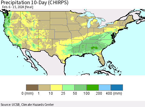 United States Precipitation 10-Day (CHIRPS) Thematic Map For 2/6/2024 - 2/15/2024