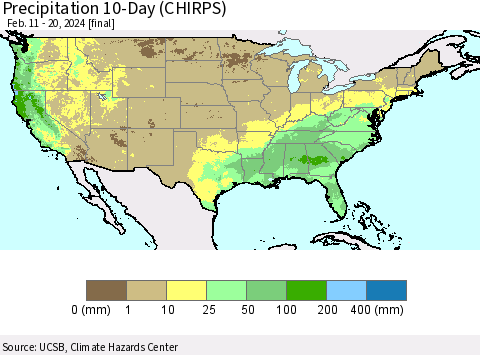 United States Precipitation 10-Day (CHIRPS) Thematic Map For 2/11/2024 - 2/20/2024