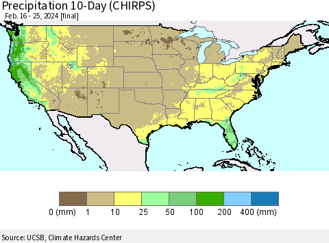 United States Precipitation 10-Day (CHIRPS) Thematic Map For 2/16/2024 - 2/25/2024
