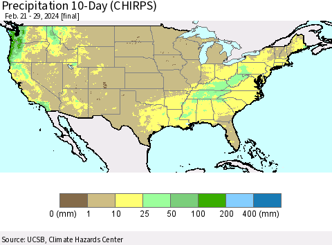 United States Precipitation 10-Day (CHIRPS) Thematic Map For 2/21/2024 - 2/29/2024