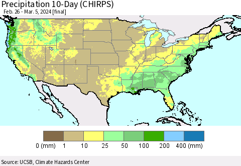 United States Precipitation 10-Day (CHIRPS) Thematic Map For 2/26/2024 - 3/5/2024
