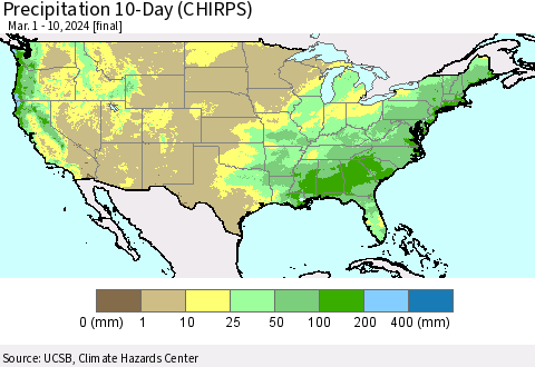 United States Precipitation 10-Day (CHIRPS) Thematic Map For 3/1/2024 - 3/10/2024