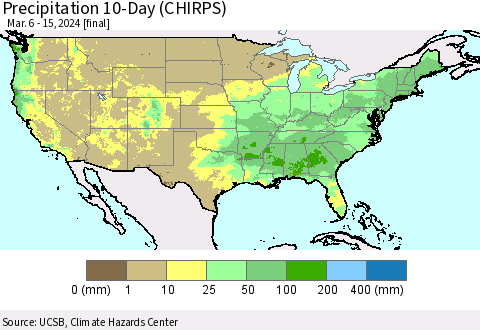 United States Precipitation 10-Day (CHIRPS) Thematic Map For 3/6/2024 - 3/15/2024
