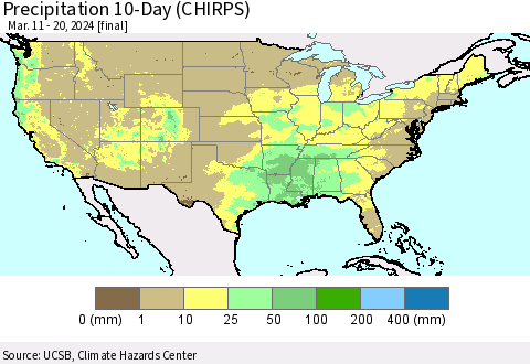 United States Precipitation 10-Day (CHIRPS) Thematic Map For 3/11/2024 - 3/20/2024