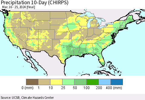 United States Precipitation 10-Day (CHIRPS) Thematic Map For 3/16/2024 - 3/25/2024