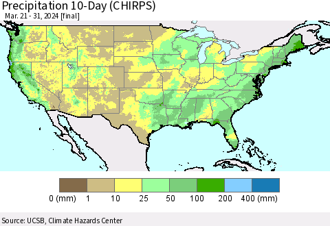United States Precipitation 10-Day (CHIRPS) Thematic Map For 3/21/2024 - 3/31/2024