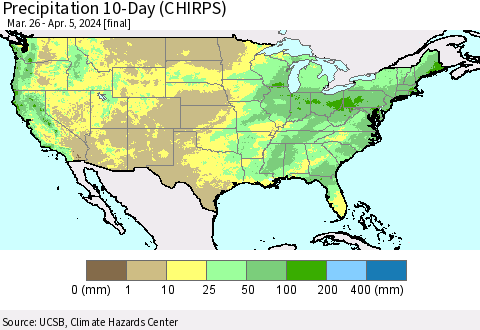 United States Precipitation 10-Day (CHIRPS) Thematic Map For 3/26/2024 - 4/5/2024