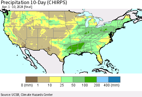 United States Precipitation 10-Day (CHIRPS) Thematic Map For 4/1/2024 - 4/10/2024