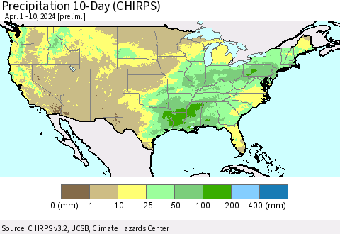 United States Precipitation 10-Day (CHIRPS) Thematic Map For 4/1/2024 - 4/10/2024