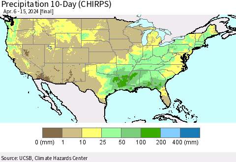 United States Precipitation 10-Day (CHIRPS) Thematic Map For 4/6/2024 - 4/15/2024