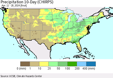 United States Precipitation 10-Day (CHIRPS) Thematic Map For 4/11/2024 - 4/20/2024