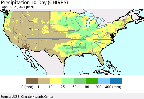 United States Precipitation 10-Day (CHIRPS) Thematic Map For 4/16/2024 - 4/25/2024
