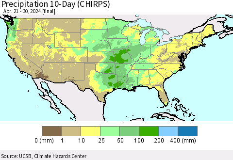United States Precipitation 10-Day (CHIRPS) Thematic Map For 4/21/2024 - 4/30/2024