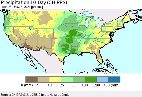 United States Precipitation 10-Day (CHIRPS) Thematic Map For 4/26/2024 - 5/5/2024