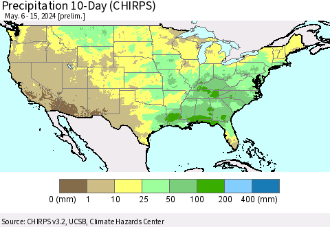 United States Precipitation 10-Day (CHIRPS) Thematic Map For 5/6/2024 - 5/15/2024