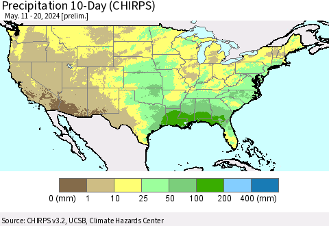 United States Precipitation 10-Day (CHIRPS) Thematic Map For 5/11/2024 - 5/20/2024
