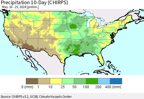 United States Precipitation 10-Day (CHIRPS) Thematic Map For 5/16/2024 - 5/25/2024