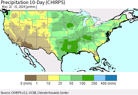 United States Precipitation 10-Day (CHIRPS) Thematic Map For 5/21/2024 - 5/31/2024