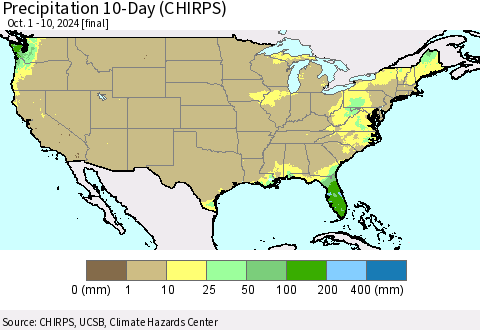 United States Precipitation 10-Day (CHIRPS) Thematic Map For 10/1/2024 - 10/10/2024