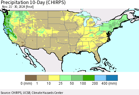 United States Precipitation 10-Day (CHIRPS) Thematic Map For 11/21/2024 - 11/30/2024