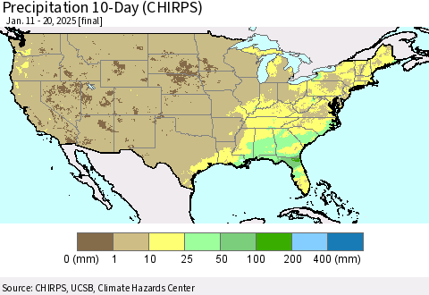 United States Precipitation 10-Day (CHIRPS) Thematic Map For 1/11/2025 - 1/20/2025
