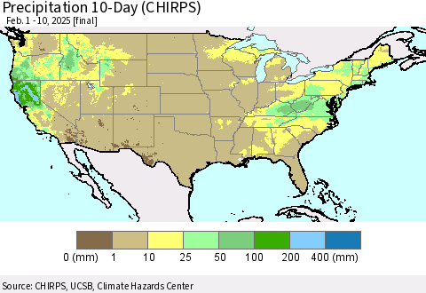 United States Precipitation 10-Day (CHIRPS) Thematic Map For 2/1/2025 - 2/10/2025