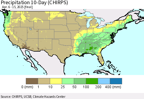 United States Precipitation 10-Day (CHIRPS) Thematic Map For 4/6/2025 - 4/15/2025