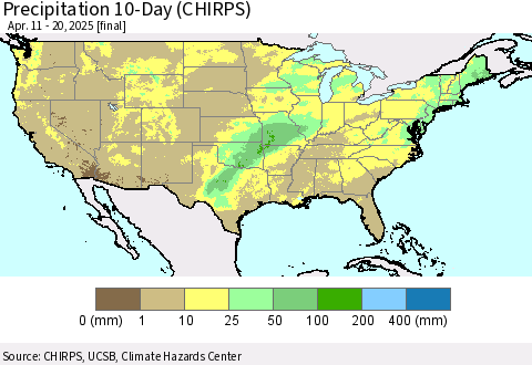 United States Precipitation 10-Day (CHIRPS) Thematic Map For 4/11/2025 - 4/20/2025