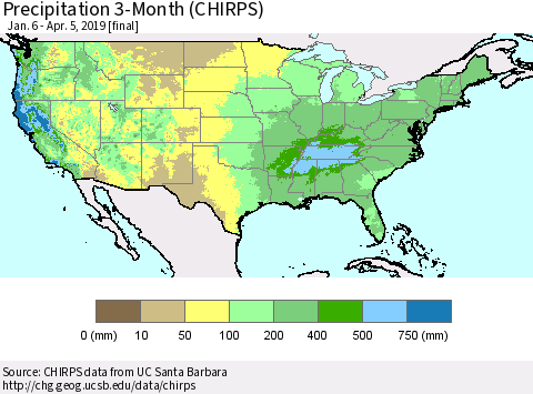 United States Precipitation 3-Month (CHIRPS) Thematic Map For 1/6/2019 - 4/5/2019