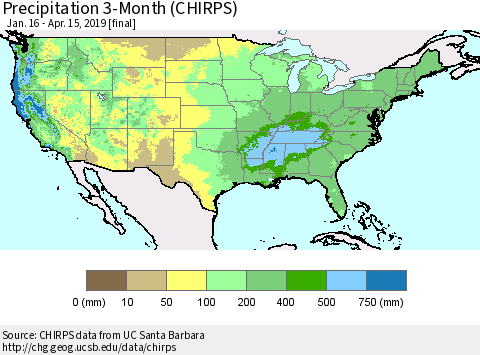United States Precipitation 3-Month (CHIRPS) Thematic Map For 1/16/2019 - 4/15/2019