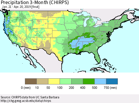 United States Precipitation 3-Month (CHIRPS) Thematic Map For 1/21/2019 - 4/20/2019