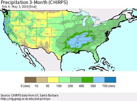 United States Precipitation 3-Month (CHIRPS) Thematic Map For 2/6/2019 - 5/5/2019