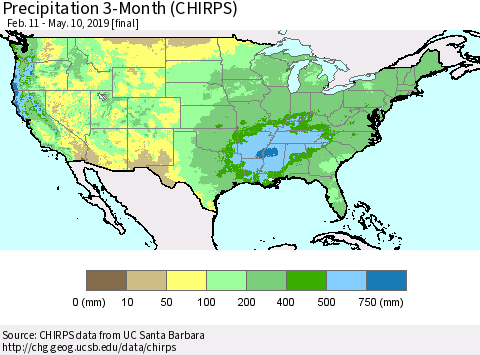 United States Precipitation 3-Month (CHIRPS) Thematic Map For 2/11/2019 - 5/10/2019