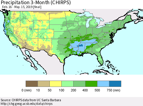 United States Precipitation 3-Month (CHIRPS) Thematic Map For 2/16/2019 - 5/15/2019
