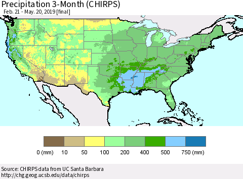 United States Precipitation 3-Month (CHIRPS) Thematic Map For 2/21/2019 - 5/20/2019