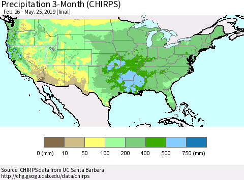 United States Precipitation 3-Month (CHIRPS) Thematic Map For 2/26/2019 - 5/25/2019