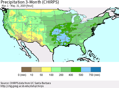 United States Precipitation 3-Month (CHIRPS) Thematic Map For 3/1/2019 - 5/31/2019