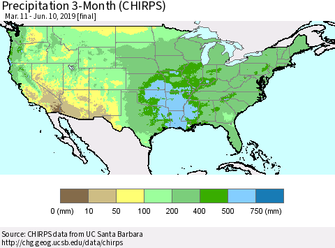United States Precipitation 3-Month (CHIRPS) Thematic Map For 3/11/2019 - 6/10/2019