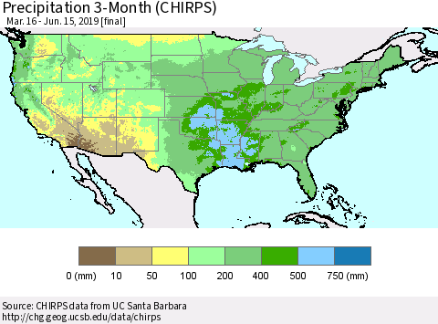 United States Precipitation 3-Month (CHIRPS) Thematic Map For 3/16/2019 - 6/15/2019