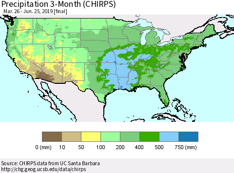 United States Precipitation 3-Month (CHIRPS) Thematic Map For 3/26/2019 - 6/25/2019