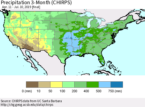 United States Precipitation 3-Month (CHIRPS) Thematic Map For 4/11/2019 - 7/10/2019
