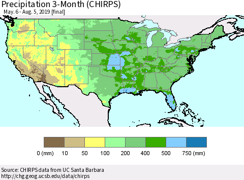 United States Precipitation 3-Month (CHIRPS) Thematic Map For 5/6/2019 - 8/5/2019